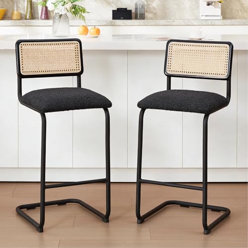 Image of Zesthouse Natural Rattan Counter Stools Set of 2, 30'' Mid Century Modern Counter Height Barstools with Solid Wood Back & Cane Mesh, Upholstered Black Boucle Bar Stools for Kitchen Island, Chrome Base