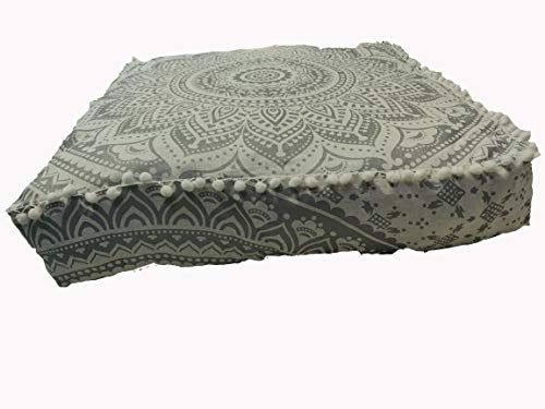 32" Gold Mandala Barmeri Large Floor Pillow Cover Cushion Meditation Seating Ottoman Throw Cover Hippie Decorative Zipped Bohemian Pouf Ottoman Poufs, Pom Pom Pillow Cases (Silver, 24" Square) #TOP2