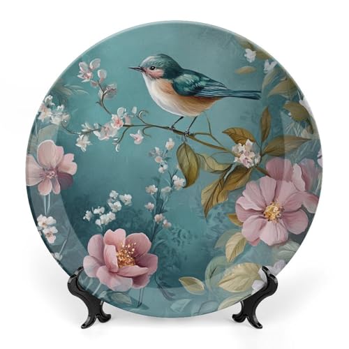 BHTLARNGY Flower Ceramic Decorative Plate, Wallpaper Decorative Dish with Stand, Chinese Style Bone China Decorative Plates Art Porcelain Plate for Living Room Hallway Table Decor