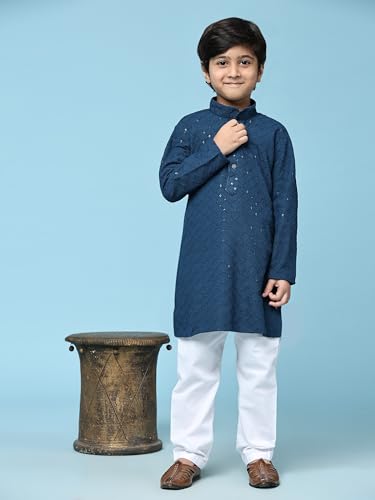 Image of Pro-Ethic Style Developer Men Silk Striped Father Son Matching Ethnic Wear Embroidery Mirror Work Kurta Pyjama Set |(Combo)B-117