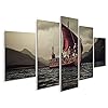 Foto op canvas Groep Vikingen zwemmend in de zee op Drakkar met bergen op de achtergrond een muurschildering poster…