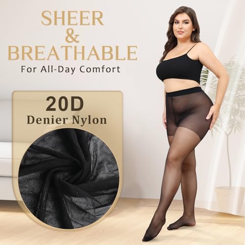 Image of CASMON 3 Pairs Plus Size Sheer Tights for Women, High-waist 20D Pantyhose Control Top with Reinforced Toe for Daily(XL-4XL)