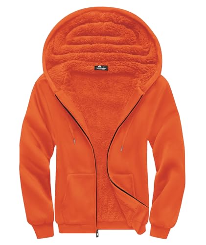 SCODI Hoodies for Men Heavyweight Fleece Sweatshirt - Full Zip Up Thick Sherpa Lined Hooded Sweatshirts Orange L