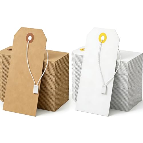 Alkrsxi 100 Pack Shipping Tags with Strings Included Blank Hang Tags 4 3/4 x 2 3/8 Assorted White & Kraft Cardstock Sturdy Marking Tags for Gifts Clothing Inventory & Price Tags