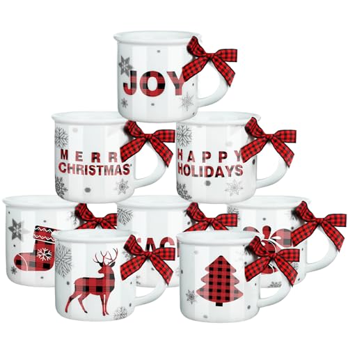 Sliner 8 mini tazas de Navidad con cinta, color rojo y negro, tazas de café de Navidad, bandeja escalonada, decoración de cerámica, novedosas tazas de Navidad para centros de mesa de Navidad, estación