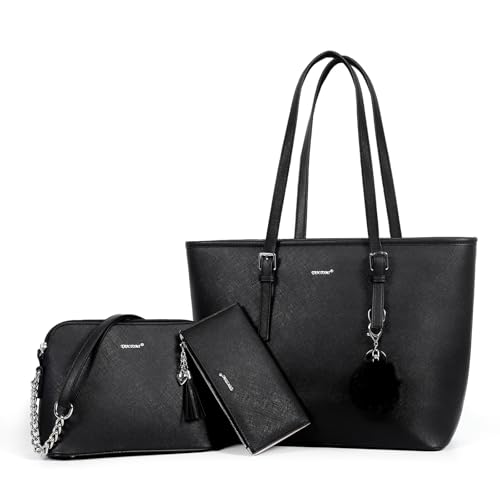 3PCS Handbags for Women Tote Bag Shoulder Bags Black Purses and Wallet Set Satchel Hobo for Work Travel