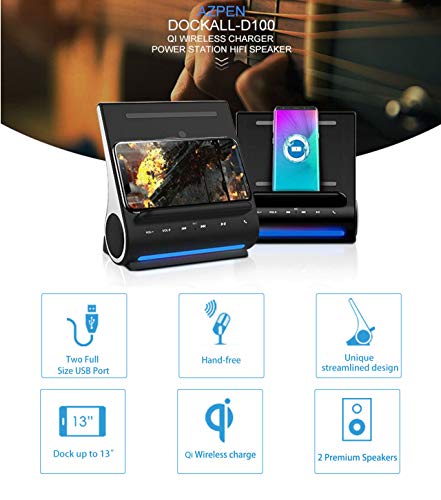 Azpen Dockall D100 - Qi Wireless Charger, Bluetooth Premium Speakers, Docking Station With Built In Mic Handsfree Call, 3 In 1 Station For Iphone And Samsung Phone #TOP1