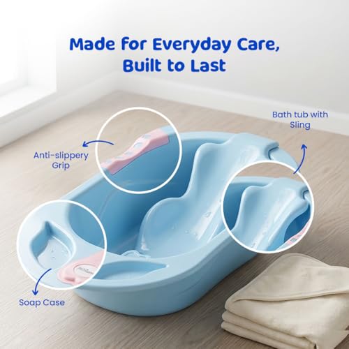Image of BUMTUM Baby Bathtub & Anti Slip Baby Plastic Bath Chair | Bathtub with Drain Plug, Baby Bath Seat /Sling with Non Slip Suction Base for Babies, Infant & Toddlers(Blue)