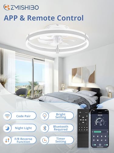 Image of ZMISHIBO Ceiling Fans with Lights and Remote, 19.7'' Low Profile Ceiling Fan, 3000-6000K Dimmable Modern Flush Mount LED Fan Light, 6 Wind Speeds, White Fandelier Ceiling Fans for Bedroom