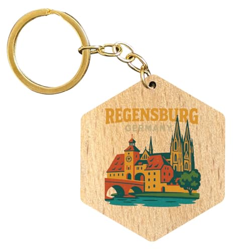 R and R Imports Regensburg Germany Vintage Souvenir Design 2” Wooden Hexagon Keychain