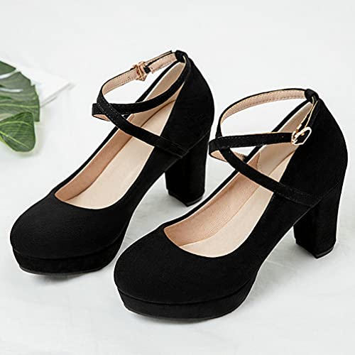 KOKOMOMO Womens Chunky High Heel Platform Round Toe Ankle Strap Pumps2