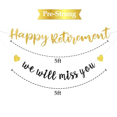 Image of Pre-strung Happy Retirement & We will miss you Banner, Pre-strung on 8 ft Strand Black Gold Glitter Retirement Party Decorations Sign, Going Away Party Farewell Party Supplies and Gifts for Coworker, Men Women