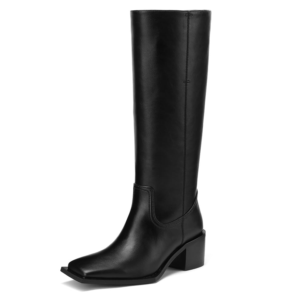 TDD Knee High Boots for Women Blcak Wide Calf Platform Square Toe Block Chunky 1 5 inch Heels