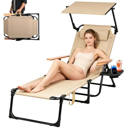 Cozykimo Chaise Longue Pliante, Bain de Soleil avec Pare-Soleil, Transat Jardin Extérieur avec accoudoirs en Bois, Dossier Inclinable 5 Positions pour Plage, Piscine et Terrasse, Camping