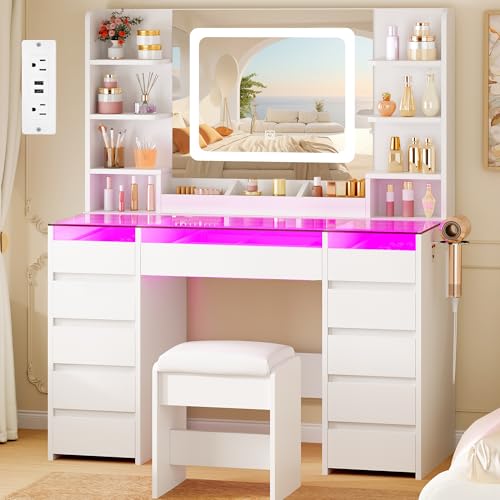 YUNSCEND Vanity Desk with Mirror and Lights 3 Colors,Makeup Vanity Table with Glass Top,11 RGB...