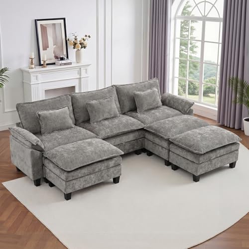Image of IPKIG 117 inch Modular Cloud Couch with Storage, C Shaped Sectional Sofa | 3 Seater Grey Chenille Deep Seat Sectional Couches with Ottoman and Pillow for Living Room, Apartment
