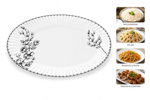 Image of Melvio By Malti Oval Rice Tray for Dining & Serving | Premium Melamine Serving Platter with Elegant Floral Design | Dishwasher Safe Rice Plate for Biryani, Pulao | White, 14.25 Inch