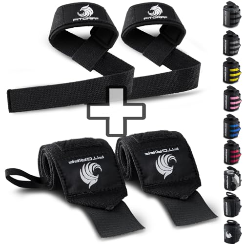 Fitgriff® Handgelenk Bandagen + Zughilfen (2er Set) - für Krafttraining, Fitness, Bodybuilding, Gewichtheben, Gym, Kraftsport - für Frauen und Männer (Black Original)