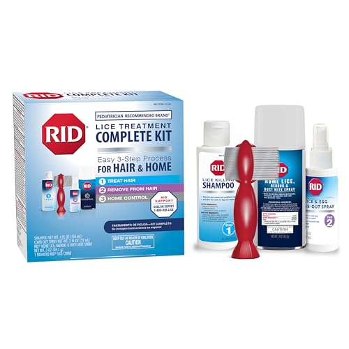 Image of RID Lice Treatment Complete Kit Includes Shampoo, 2 Fluid Ounces, Egg Comb Out & 3 Ounces Dust Mite Spray, Lice Comb, 4 Piece Set, 1 Count
