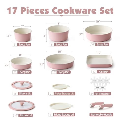 Image of SENSARTE 17 Piece Ceramic Pots and Pans Set, Nonstick Detachable Handle Cookware, Induction Kitchen Cookware Set with Removable Handle, Dishwasher & Oven Safe (Pink)