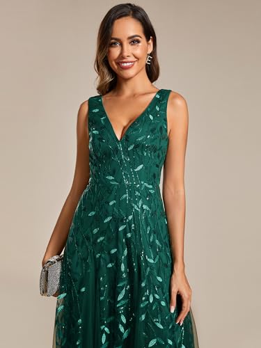 Image of Ever-Pretty Women's Prom Dresses V Neck Sleeveless Tulle Hem A-Line Sequins Maxi Ball Gowns 02130