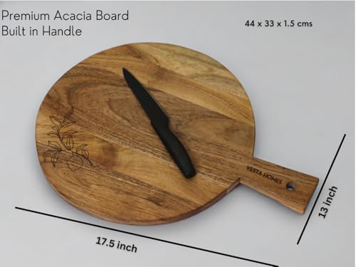 Image of Vesta Homes Wooden Round Chopping Board /Cutting Board /Serving Board, Plate for Pizza, Vegetables, Fruits and Cheese | Natural Acacia Wood | 44 x 33 x 1.5 cm | Handcrafted | Made in India