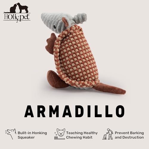 Image of Hollypet Plush Dog Squeaky Toy Stuffed Armadillo Animal Pet Puppy Chew Toys with Clean Teeth for Small Medium Large All Breed Sizes Dogs, Burnt Orange and Light Yellow,8 in