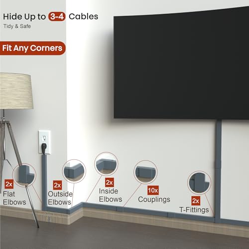 Image of Grey Cable Cover Cord Hider - 157in Wire Hider on Wall Mounted, Grey Cord Cover Kit for Wall Mounted TV, Hide Wires Along Wall, Decorative Cable Raceway, Electrical Cable Concealer, Gray Cable Channel