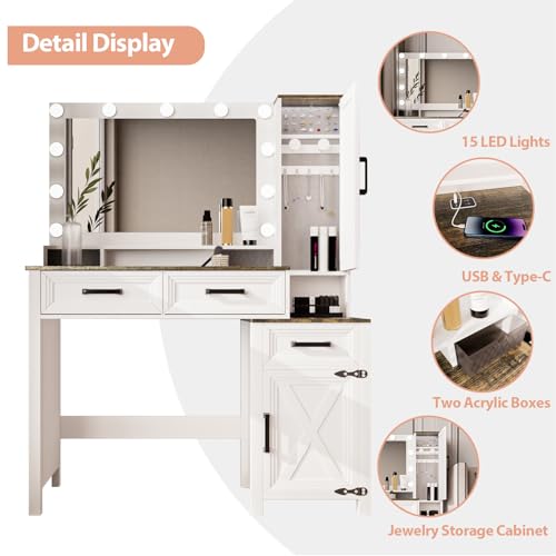 Image of Farmhouse Vanity Desk with 3 Adjustable Light Colors & Power Outlet, White Makeup Vanity Table with Sliding Jewelry Cabinet, Built-in Lipstick Organizer, 3 Drawers & Shelves for the Bedroom