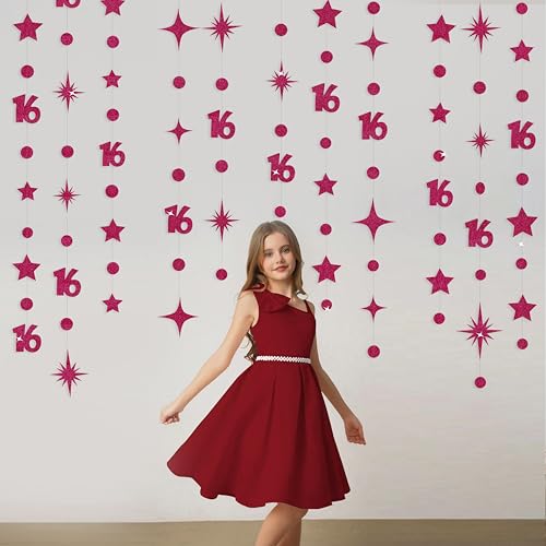 Image of Burgundy 16th Birthday Decorations Number 16 Circle Dot Star Garland Glitter Streamer Banner Backdrop for Girls Boys Sweet Sixteen Cheers to 16 Years Old Birthday 16th Anniversary Party Supplies