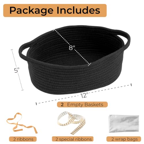 Image of 2 Pack Small Woven Gift Basket Empty with Bag & Ribbon - Gifts for Mom, Baby Shower, Birthdays & Raffle - Cotton Rope Storage Basket for Dog Toys or Shelf - 12 inchx8 inchx5 inch, Black