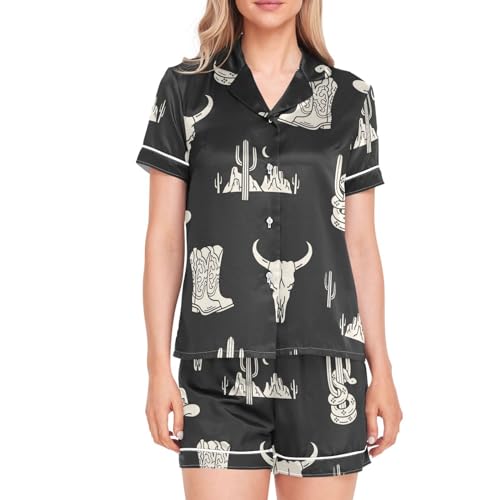 Image of Womens Silk Satin Pajamas Set Western Theme Womens Short Sleeve Shorts Set 2 Piece Sleepwear Lounge Set S-XXL