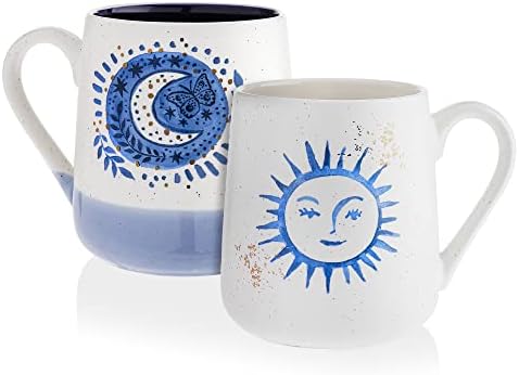 Dwell Studio Set of 2 Stoneware Coffee Mugs- Blue & White Celestial, Astrological Coffee Cups, Mugs for Tea, Latte, and Hot Chocolate, 20 oz (Sun & Moon)