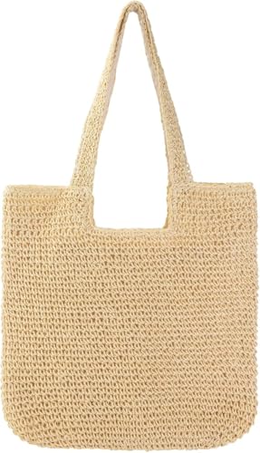 Large Woven Straw Beach Tote Bag for Women, Lightweight Foldable Shoulder Bag with Large Capacity for Travel and Shopping, 42cm x 40cm - Quttly