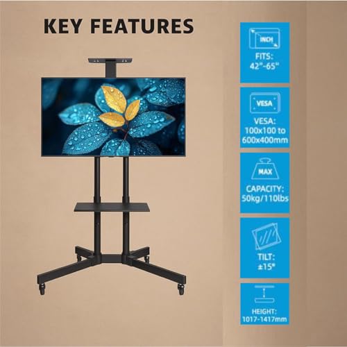 Image of Inlight Rolling /Mobile TV Cart with Wheels for 32-65 Inch LCD LED 4K Flat Screen TVs, TV Floor Stand with Shelf Holds Up to 50 Kgs /110 lbs | Adjustable Height Trolley Max VESA 600 x 400 mm