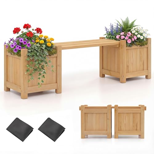HOMASIS 2 in 1 Blumenkasten mit Gartenbank, 2-Sitzer Sitzbank mit 2 Pflanzkästen, 2 Pflanzkübel...