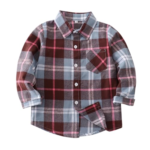Camisa a cuadros con botones para niños y niñas, chaqueta a cuadros de manga larga con cuello de solapa y bolsillo, para otoño, casual, lindas camisas, Rojo ladrillo, 7-8 años