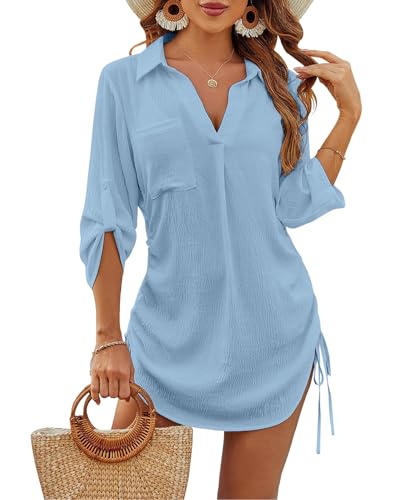 JFAN Vestido de Playa para Mujer Camisas Largos Cuello en V de Bikini Cover up Color Sólido Chic con Verano Casual Blusa de Playa con Boton,Azul Talla única