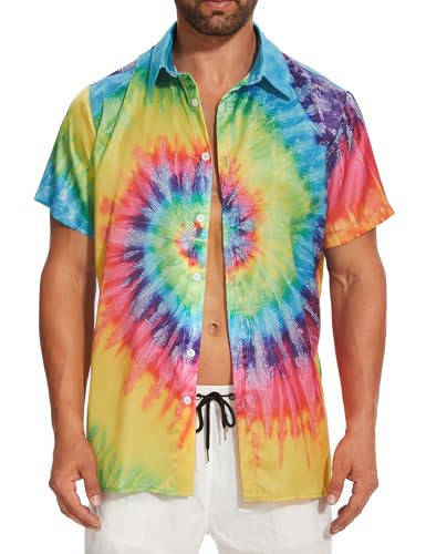 Demoking Vintage Shirts for Men Tie Dye Hippie Funny Hawaiian Shirt Button Down Shirts2