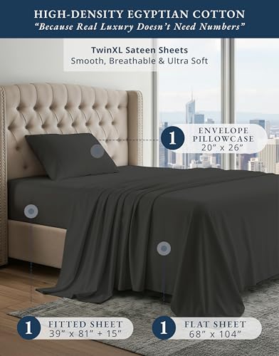 Image of LANE LINEN Black Twin XL Sheets 100% Egyptian Cotton Sateen - Black | 100% Cotton Sheets Twin XL - 3-Piece Set, Ideal For Dorms And Adjustable Beds, For Guests And Everyday Use, Elegant