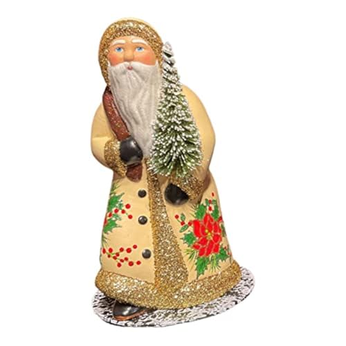 Christmas Decorations for The Holiday - Cream Poinsettia Coat Walking Santa Claus German Paper Mache 9 Inch - Decorations for Christmas sdf-1149