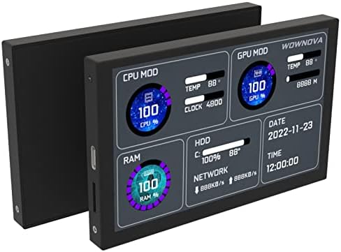 WOWNOVA 5" Computer Temp Monitor, Dynamic Theme Supported, PC Temperature Display, IPS Type-C USB Mini Secondary Screen, 800x480 Resolution, Black