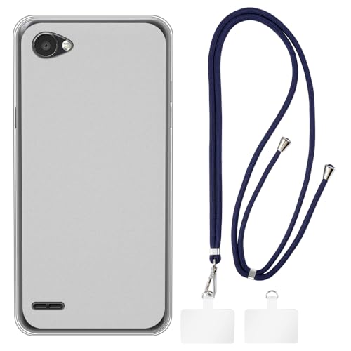 Shantime Funda y Correa Cruzada Compatible con LG Q6 Plus Funda para Teléfono y Cinta de Cuello Ajustable con Hebillas Metálicas y 2 Parches(Blanco + Azul)