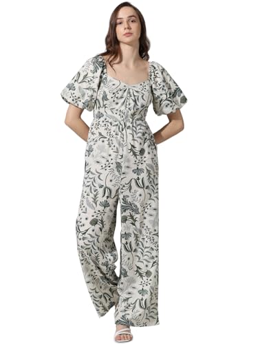 Image of ONLY Floral Printed Square Neck Puff Sleeves Cotton Basic Jumpsuit