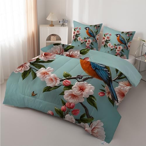 Boceoey Pájaro Edredón Cama 90 Flores - Edredón Reversible 4 Estaciones de Microfibra, Diseño Planta Mariposa, Suave y Transpirable Relleno Nórdico 180x220 cm y 2 Fundas de Almohada 50x75 cm AX-581