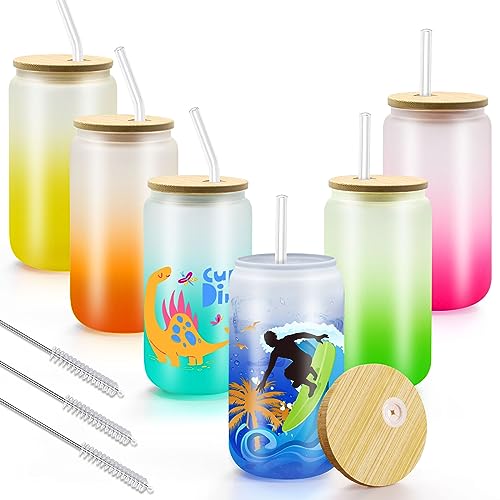 Gradient Color Frosted Glass Cups with Lids And Straws, 16oz Can-Shaped Glass Cups for Sublimation and Casual Use, Frosted Glass Sublimation Tumbler with Bamboo Lid and Straw, Party Gift-6 Pack