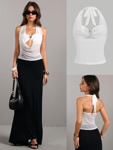 OYOANGLE Women's Summer Sheer Halter Crop Top Y2K Sleeveless Mesh Top Going Out Clubwear2