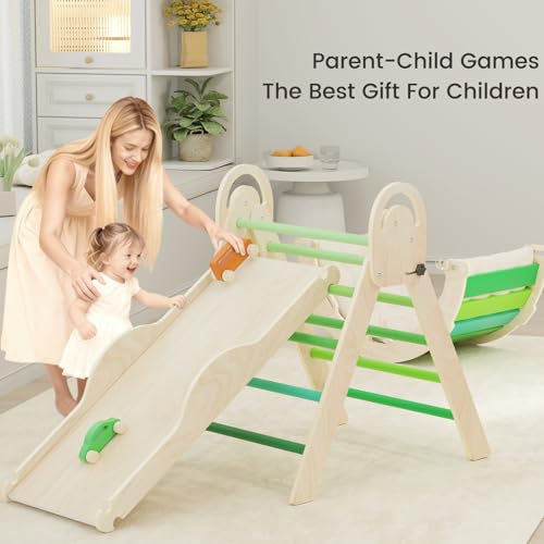 Image of Pikler Triangle Set, Baby Climbing Playset Toys Indoor, Jungle Gyms for Toddlers Ages 1-4, Toddler Climbing Playground with Cushion & Toy Car