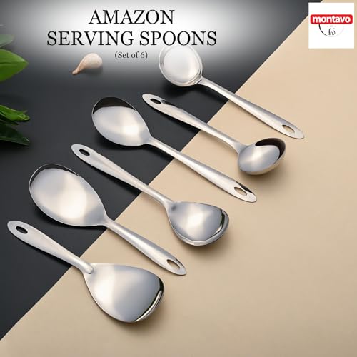 Image of Montavo by FnS 6 Pieces Stainless Steel Serving Spoon Set, 2 Rice Servers, 2 Gravy Ladles, 2 Vegetable Serving Spoons, Mirror Finish Food Grade Serving Cutlery for Home, Kitchen & Dining