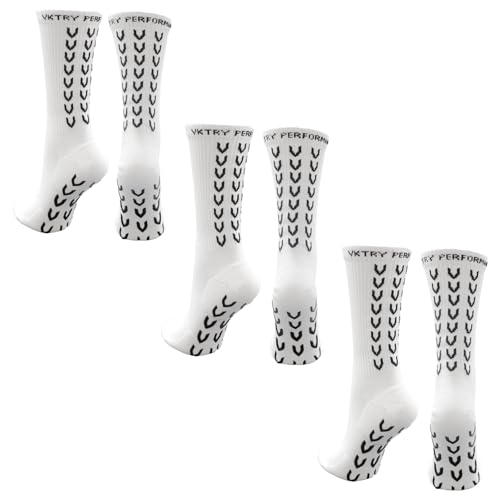 VKTRY Athletic Grip Socks - Anti Slip Sport Mid Calf - For Cleats & Sneakers | Soccer, Football, Basketball, Yoga & More, 3pk